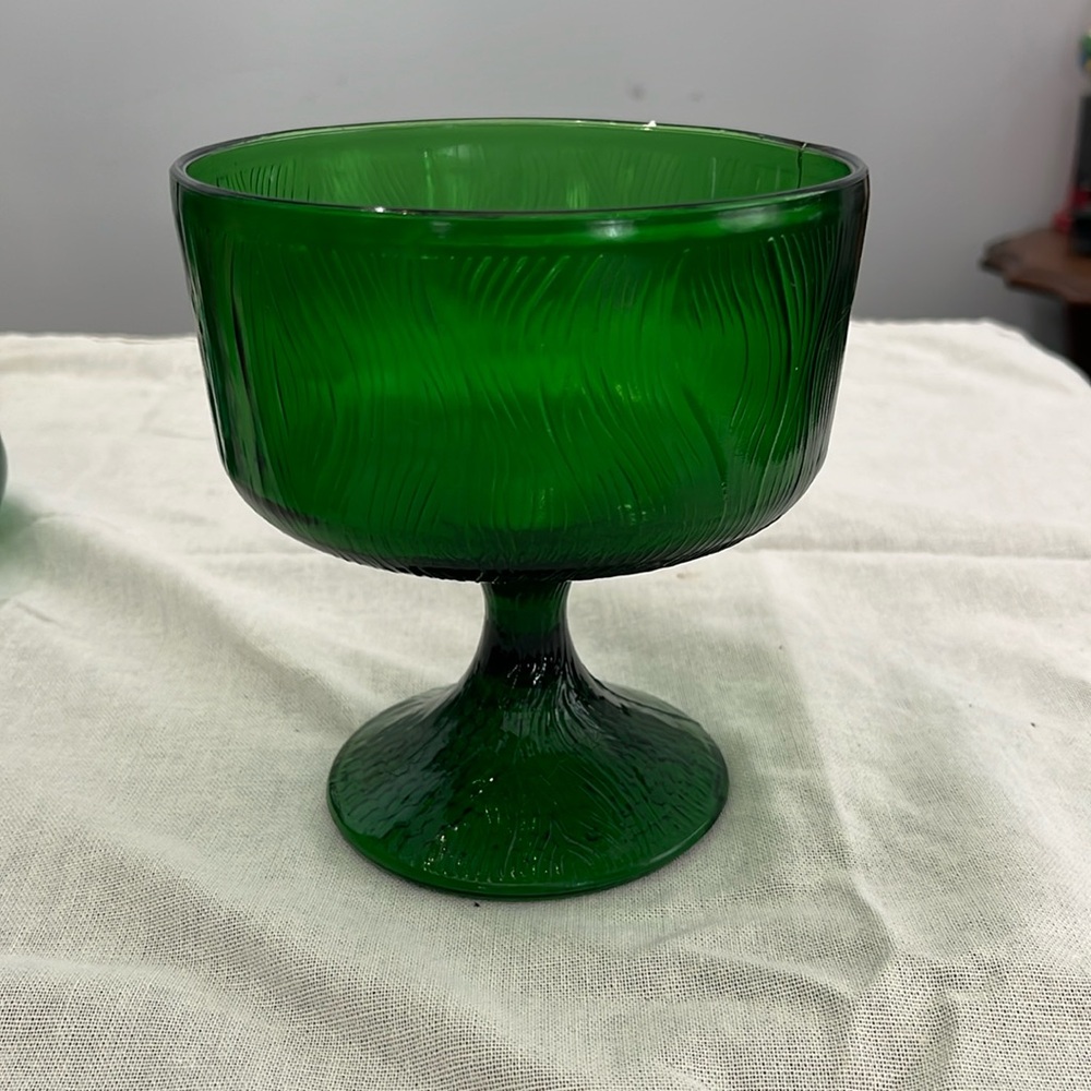 Hoosier Glass pedestal dish dark green glass